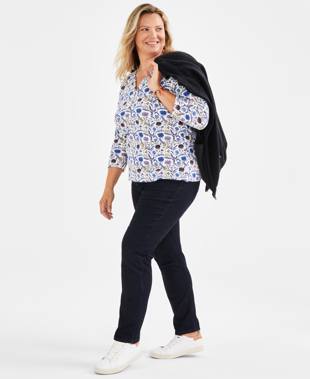 Style & Co Women's Printed 3/4 Henley Tee, Created for Macy's