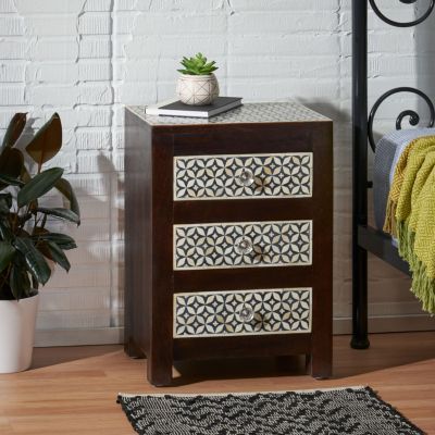 Mango Wood Bone Inlay Nightstand With 3 Drawers