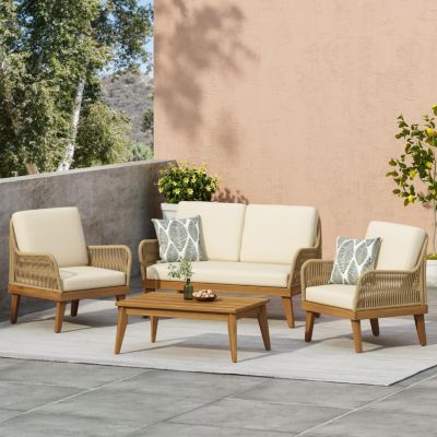 Streamdale Acacia Wood Chat Set With Rope Weave And Water-Resistant Cushions