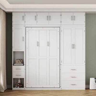 Twin Size Murphy Bed with Lockers & Wardrobes, White