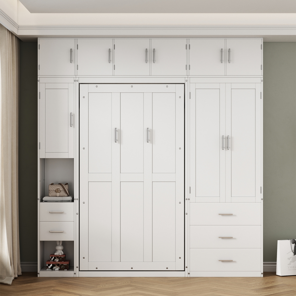 Streamdale Furniture Twin Size Murphy Bed with Lockers & Wardrobes, White