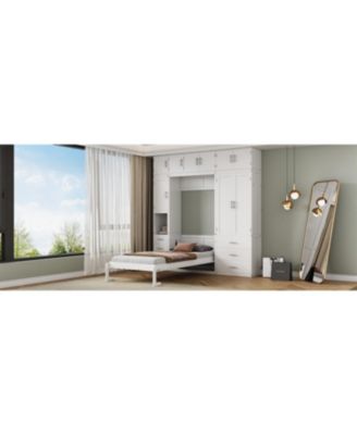 Twin Size Murphy Bed with Lockers & Wardrobes, White