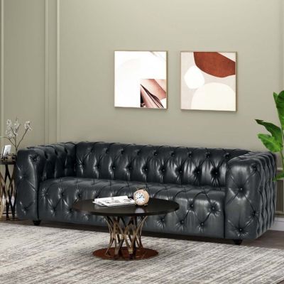 3-Seat Sofa: Button-Tufted, Solid Wood Legs, PU Fabric