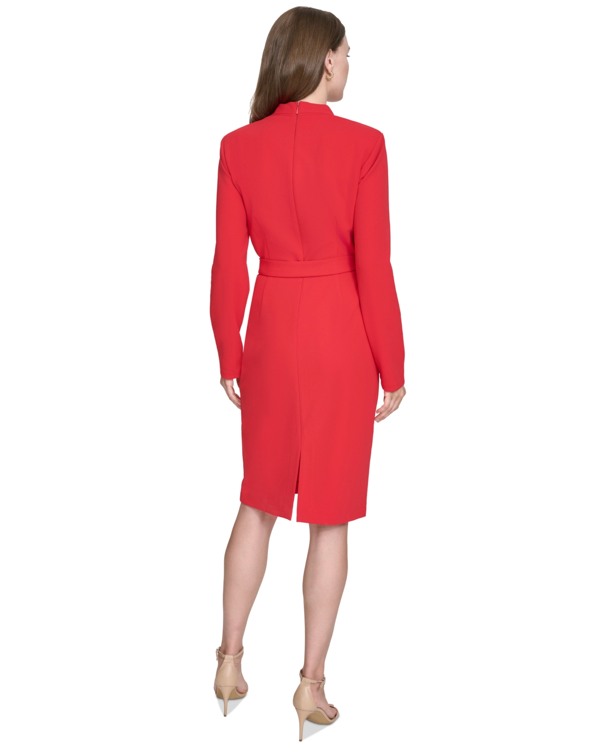 Halston Women's V-Neck Belted Long-Sleeve Sheath Dress