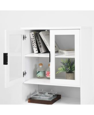Tall Storage Cabinet with Glass Display & Doors, Modern White Cabinet