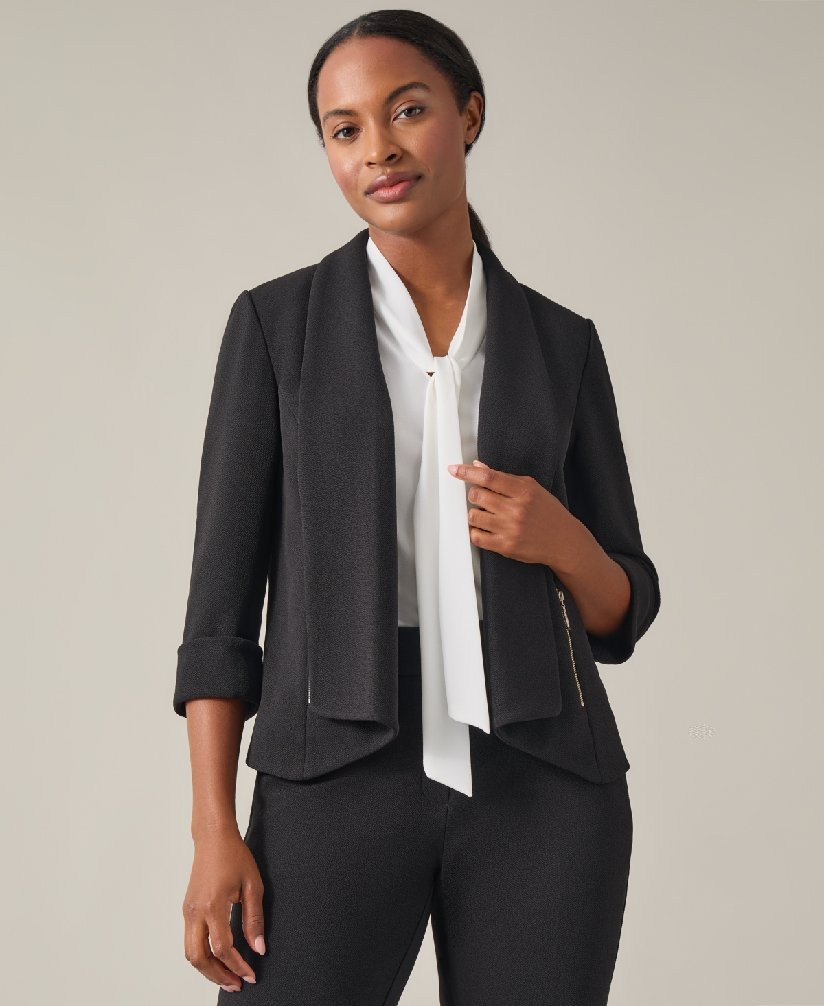 Kasper Women s Stretch Crepe Open Front Long Sleeve Blazer Black Smart Closet