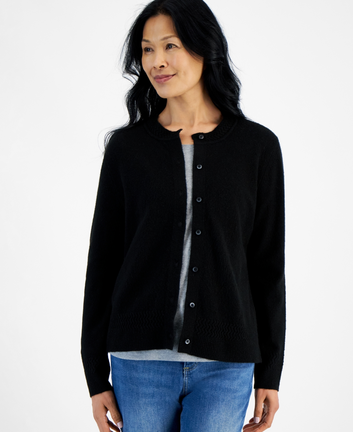 Style & Co Women's Crewneck Button-front Cozy Cardigan, Created For Macy's In Deep Black