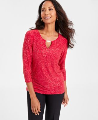 JM Collection - Petite Glitter Jacquard Keyhole Top