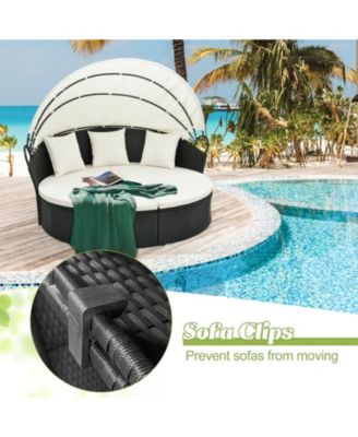 Clamshell Patio Round Daybed Wicker with Retractable Canopy and Pillows