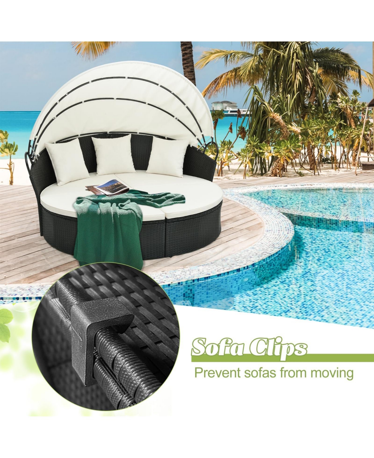 Sugift Clamshell Patio Round Daybed Wicker with Retractable Canopy and Pillows