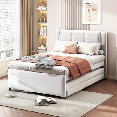 Beige Upholstered Platform Bed with Trundle