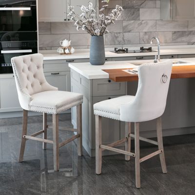 Velvet Barstools with Button Tufted Backrest and Chrome Trim (Set Of 2)