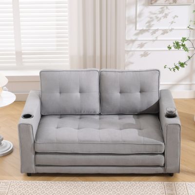Streamdale 3-in-1 Tufted Futon Sofa Bed with Side Pockets and Cup Holders