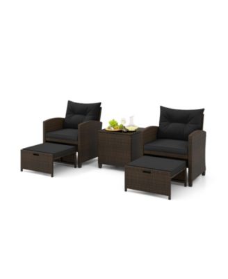 5 Pieces Patio Rattan Furniture with 2 Ottomans and Tempered Glass Coffee Table