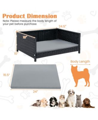 Rattan Dog Bed with Waterproof Soft Cushion for Medium Small Dogs Cats-Grey