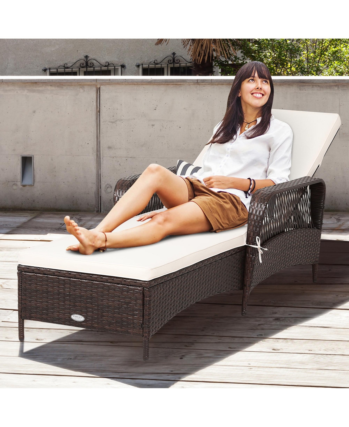 Gymax Rattan Patio Lounge Chair Chaise w/ Adjustable Backrest Cushion & Pillow - White+mix brown