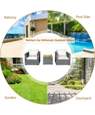 3 Pieces Patio Rattan Furniture Bistro Sofa Set with Cushioned