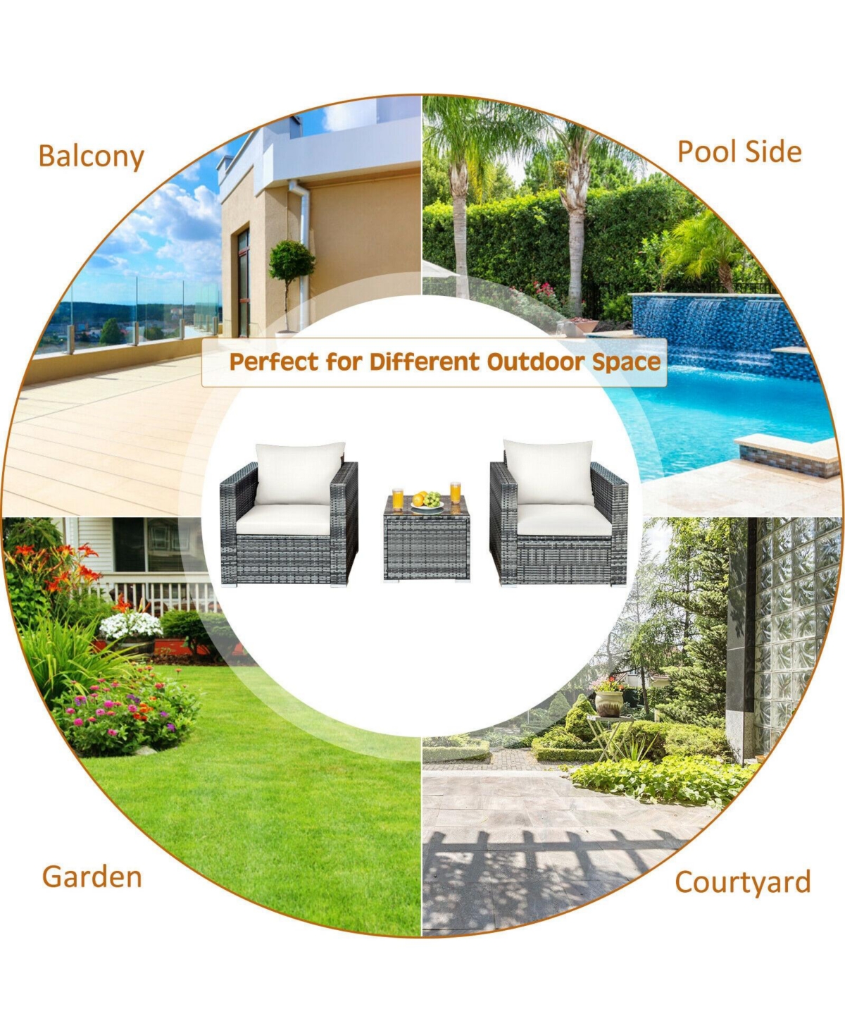 Skonyon 3 Pieces Patio Rattan Furniture Bistro Sofa Set with Cushioned