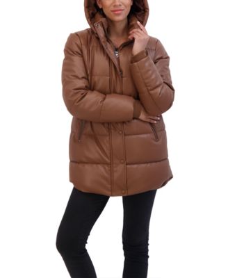 Women's Faux Leather 3/4 Puffer Jacket With Hood