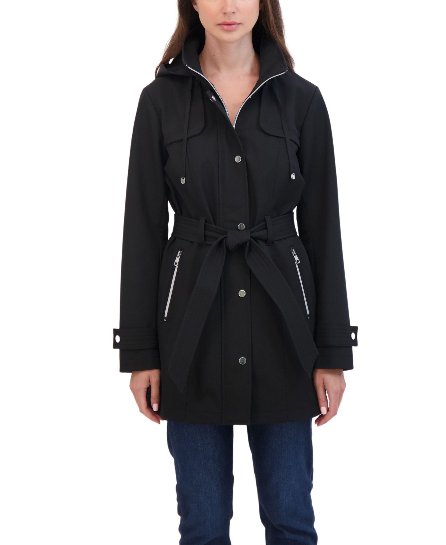 Женское пальто Sebby Collection Belted Zip Front Soft Shell Trench Coat With Detachable Hood, цвет: Чёрный — фото 1