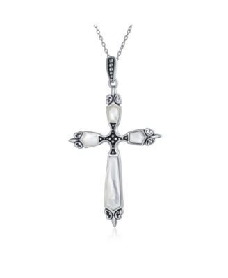 Western Style Spiritual Religious Blue Natural Turquoise Fleur De Lis Cross Pendant Necklace Oxidized Sterling Silver