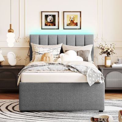 Streamdale Teddy Fleece Twin Platform Bed with Trundle, LED Lights, Beige