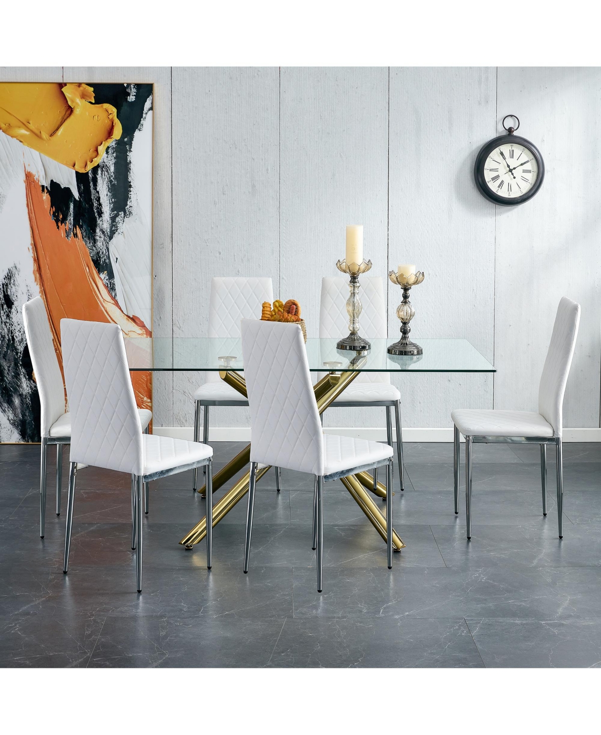Streamdale Furniture Modern Grid Armless Dining Chair, 6-Piece Set,with Silver Legs - White