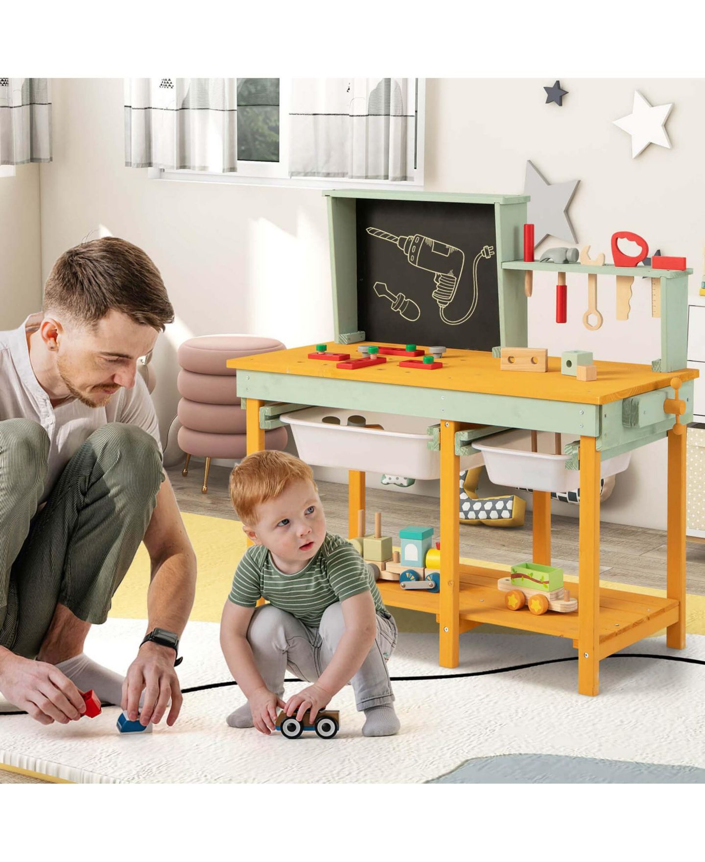 Детская игрушка Costway Kids Wooden Toy Workbench with Storage Space Blackboard Tool, цвет: Коричневый — фото 7