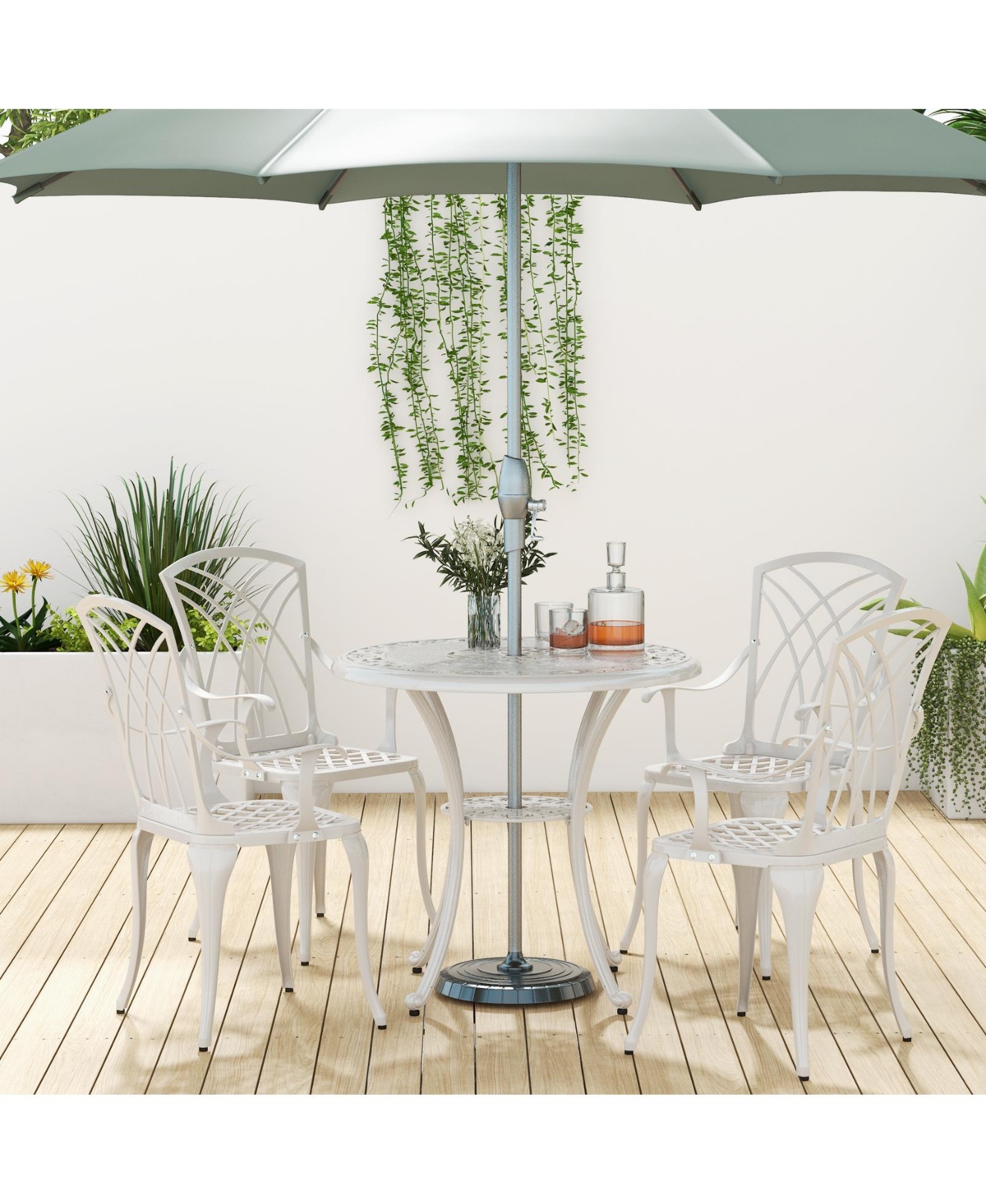 Slickblue 5 Piece Patio Bistro Table Chair Set with Umbrella Hole and Aluminum Frame-White