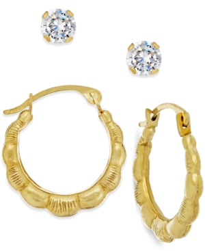 image of Cubic Zirconia and Ribbed Hoop Earring Set in 10k Gold