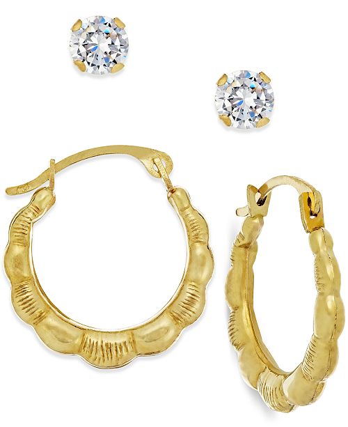 Macy's Cubic Zirconia and Ribbed Hoop Earring Set in 10k Gold & Reviews ...