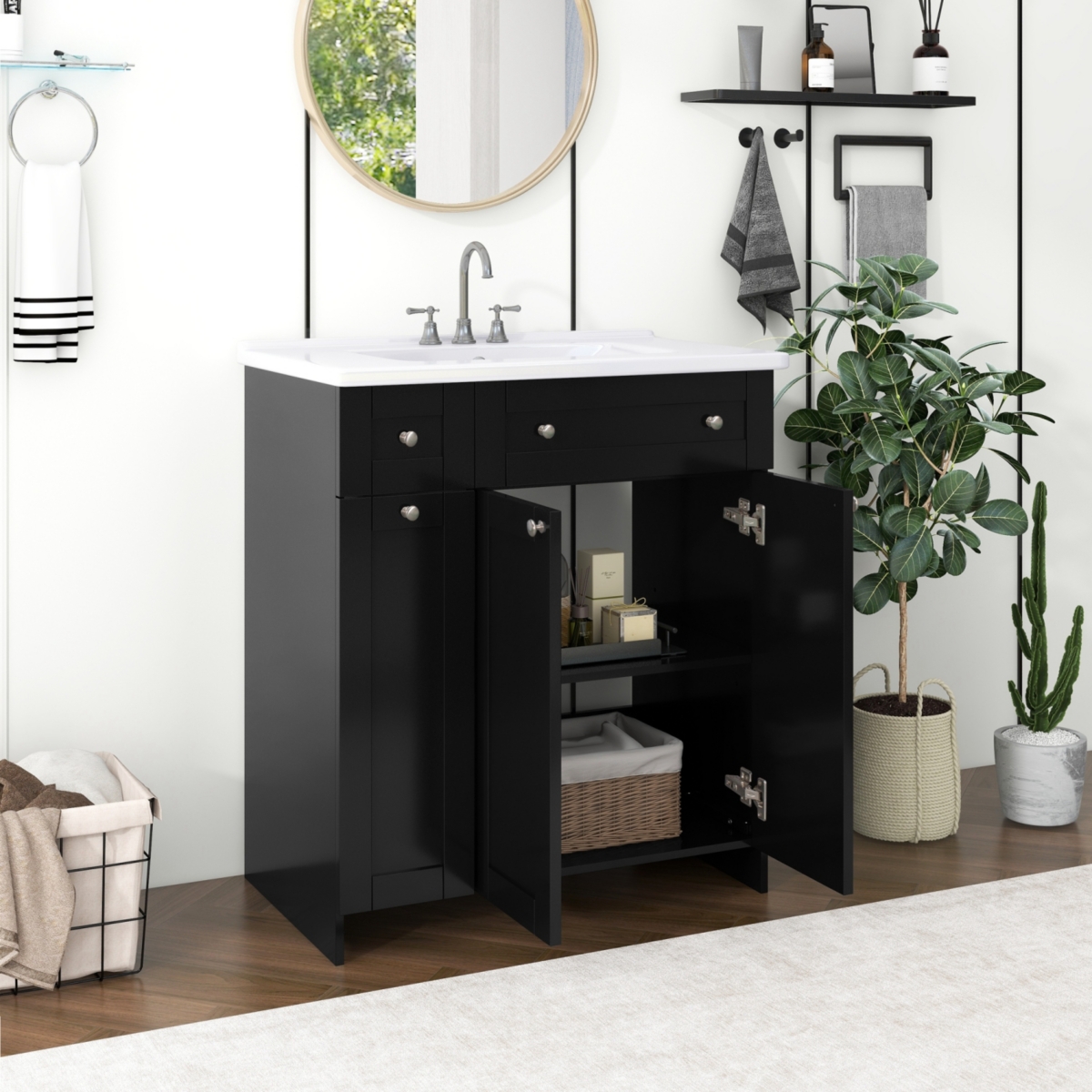 Streamdale 30" Black Bathroom Vanity with Ceramic Sink, Ample Storage