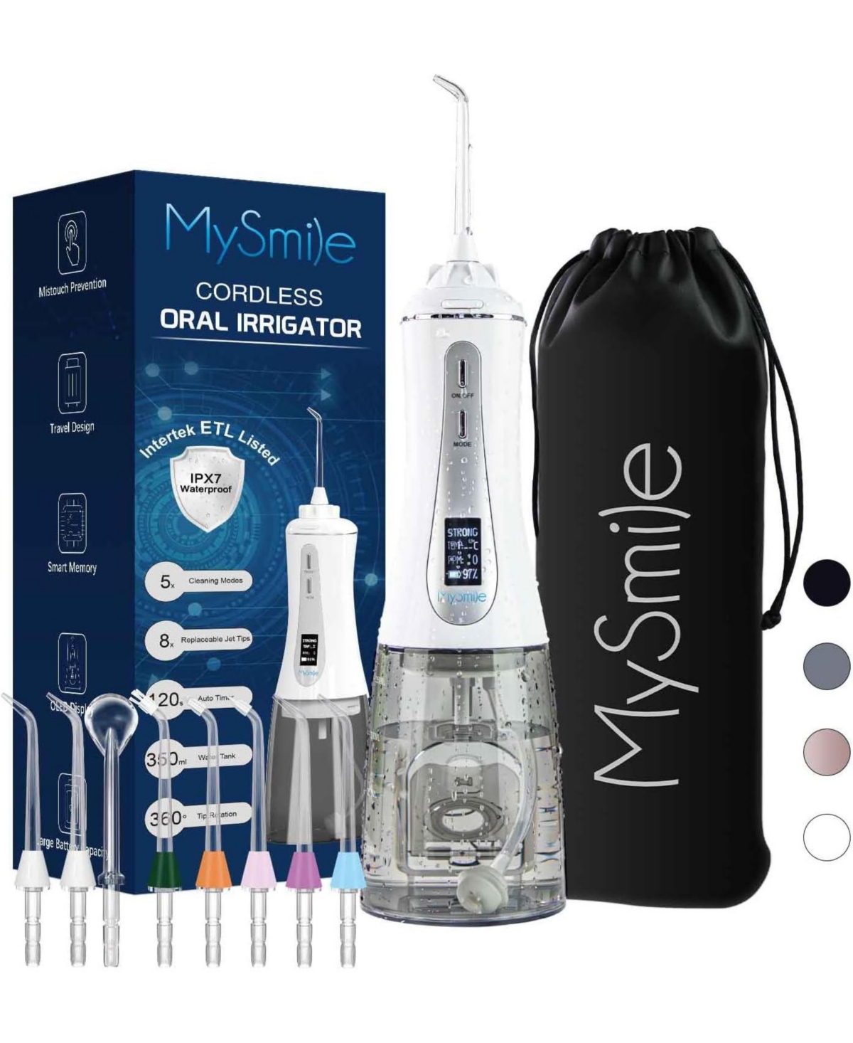 MySmile Powerful Cordless 350ML Water Dental Flosser Portable Oled Display Oral Irrigator with 5 Pressure Modes 8 Replaceable Jet Tips and Storage Bag