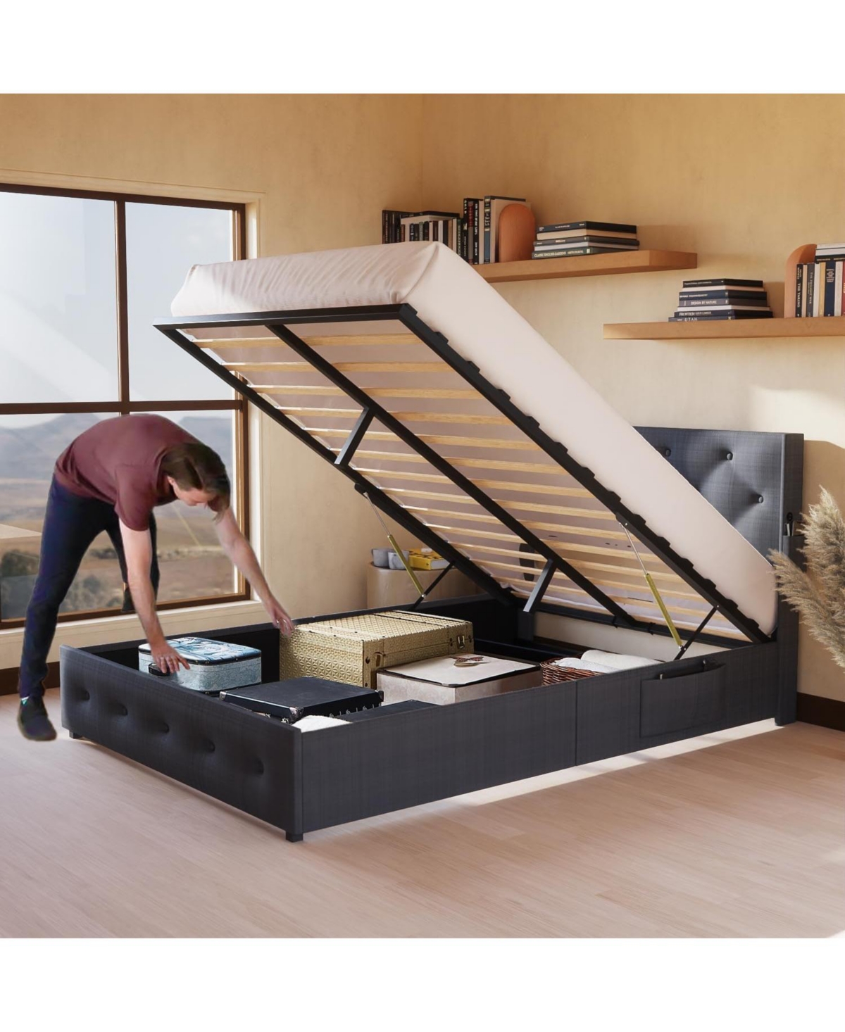 Streamdale Furniture Full-Size Bed Frame with Storage, Usb Ports, Modern Wingback Headboard