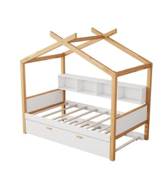 Twin House Bed with Trundle & Bookshelves