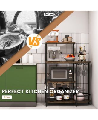 Kitchen Bakers Rack Microwave Stand Coffee Bar w/ S-Hooks & Stemware Holder