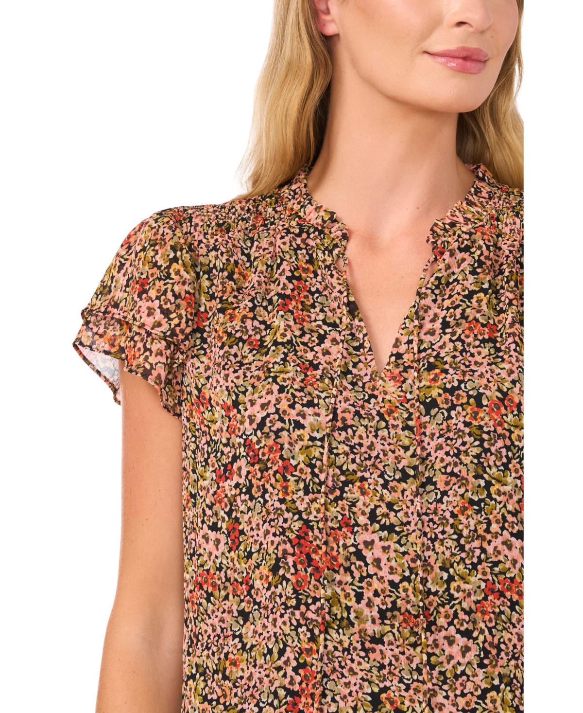 CeCe Women's Ditsy Floral Tie Front Blouse with Smocking