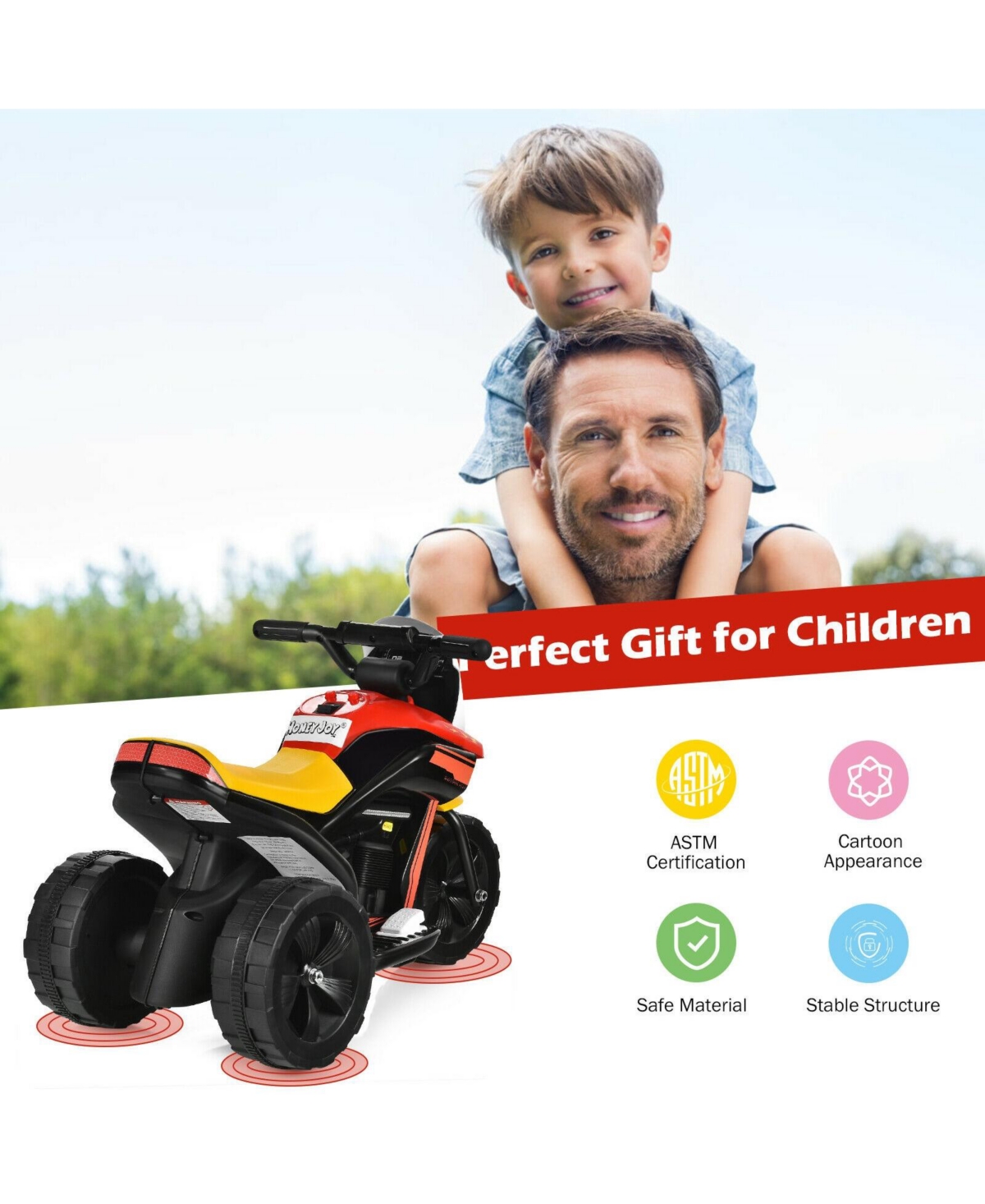 Slickblue 6V 3-Wheel Electric Ride-On Toy Motorcycle Trike with Music and Horn - Red, Yellow
