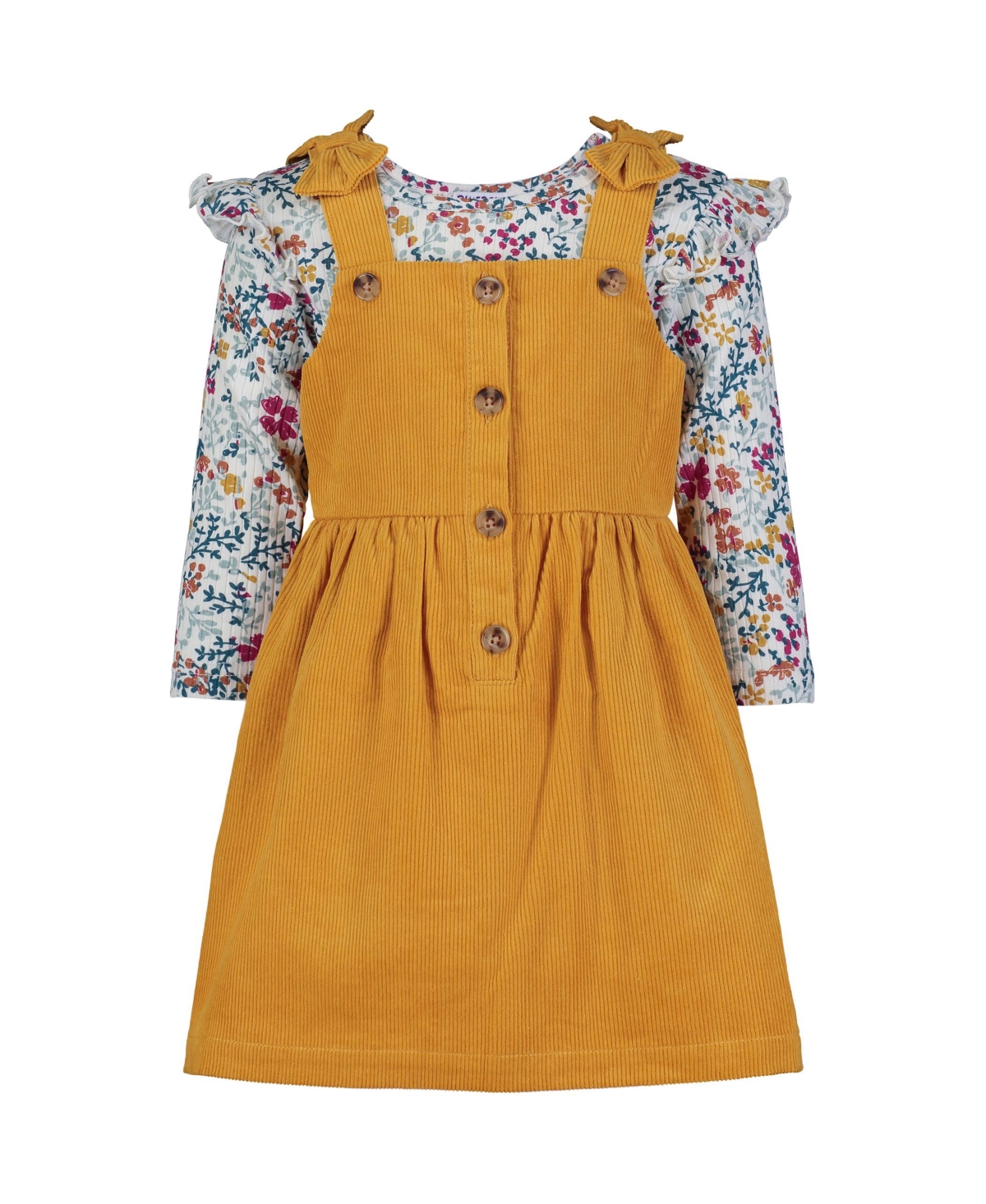 Shop Blueberi Boulevard Baby Girls Flutter Trim Floral Top And Ribbed Fit-and-flare Buttoned Jumper Set In Mustard