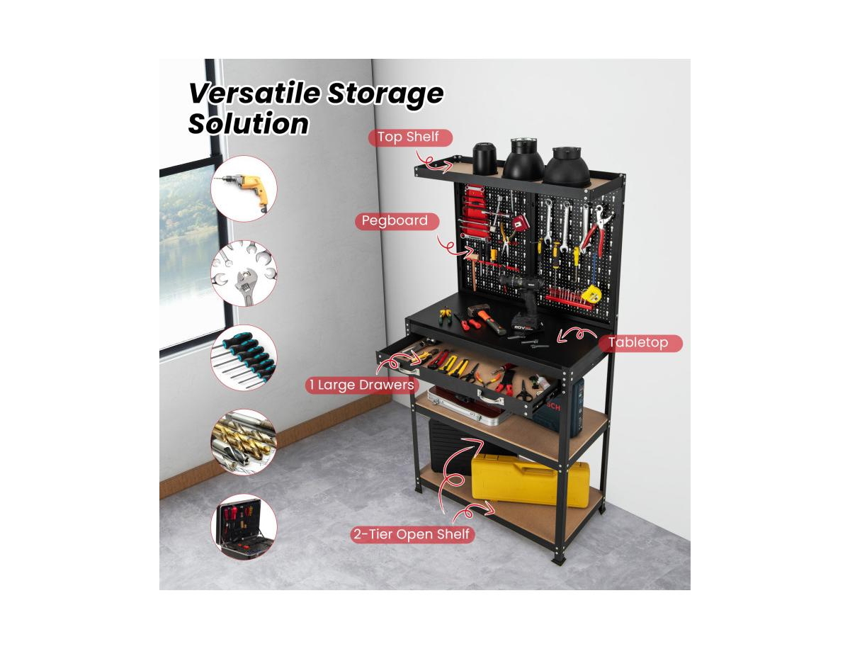 Slickblue Tool Storage Workbench with Pegboard with 14 Hanging Accessories for Garage - Red