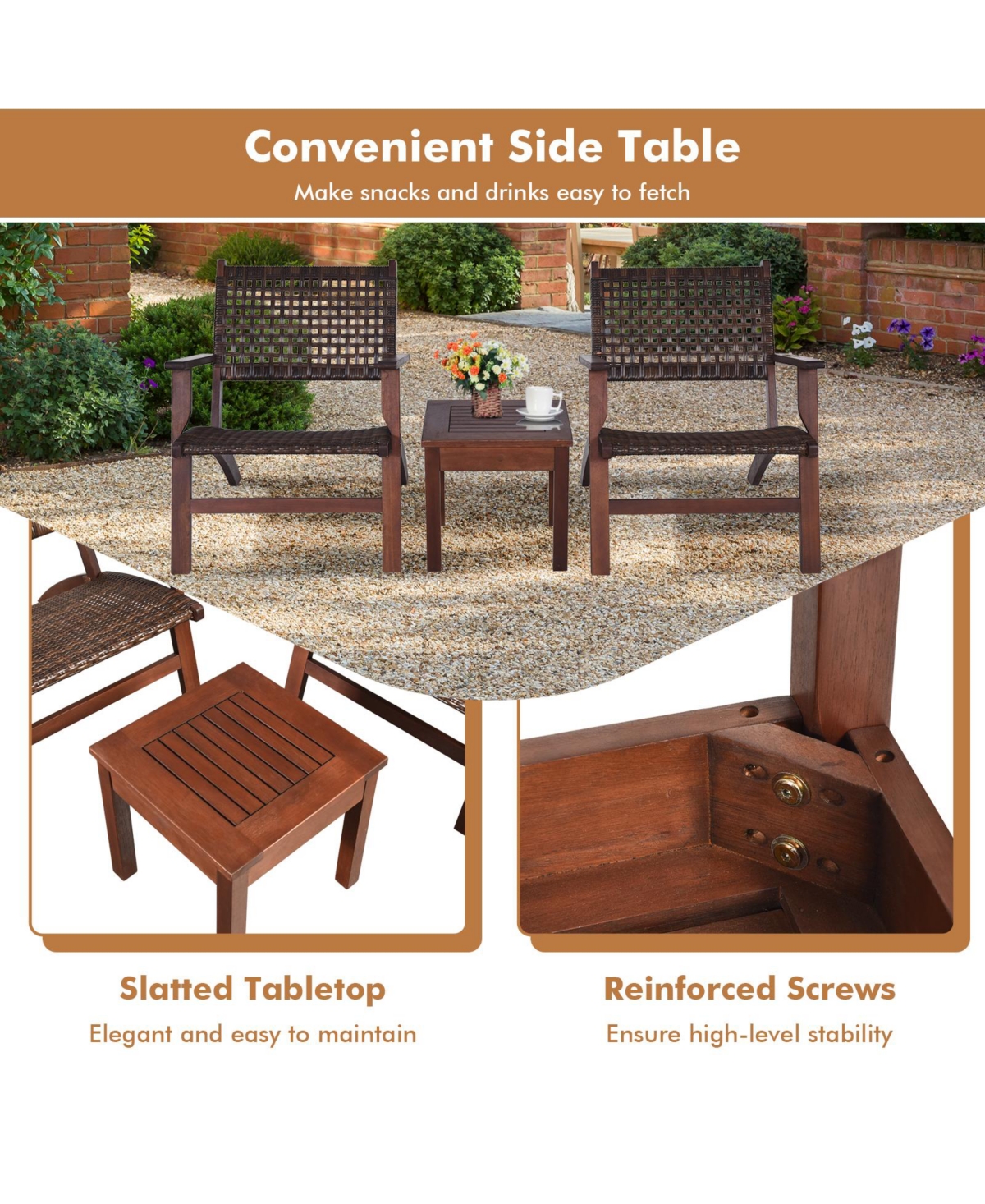 Slickblue 3 Pieces Outdoor Wooden Patio Rattan Furniture Set