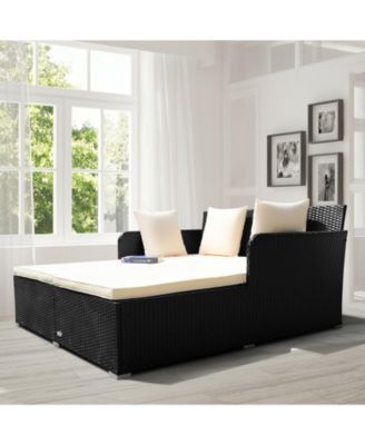 Spacious Outdoor Rattan Daybed with Upholstered Cushions and Pillows