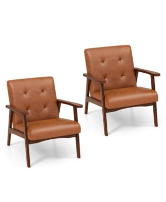 Mid Century Modern Accent Chair with Solid Rubber Wood Frame and Leather Cover-Brown