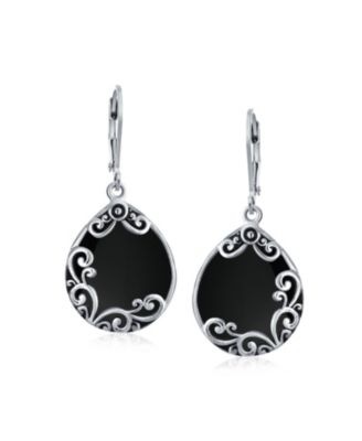 Boho Western Large Flat Teardrop Natural Stone Filigree Scroll Lever Back Dangle Earrings Oxidized .925 Sterling Silver