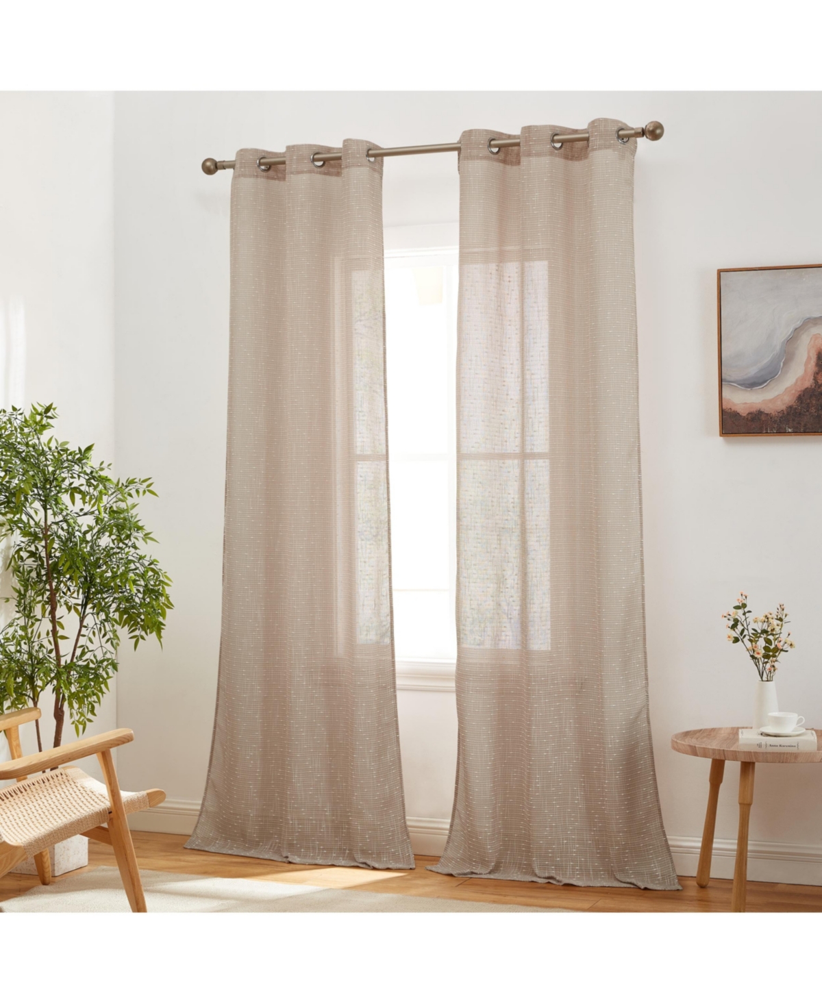Emily Faux Linen Semi Sheer Light Filtering Transparent Grommet Lightweight Window Curtains Drapery Panels, 2 Panels - Taupe