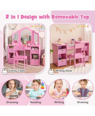 Kids Vanity Table and Chair Set with Removable Mirrors and 4 Storage Bins