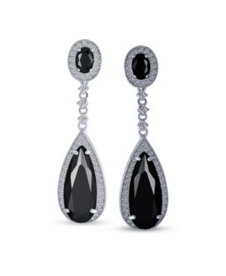 Classic Art Deco Style Halo Linear Long CZ Statement Dangle Teardrop Chandelier Earrings Silver Plated
