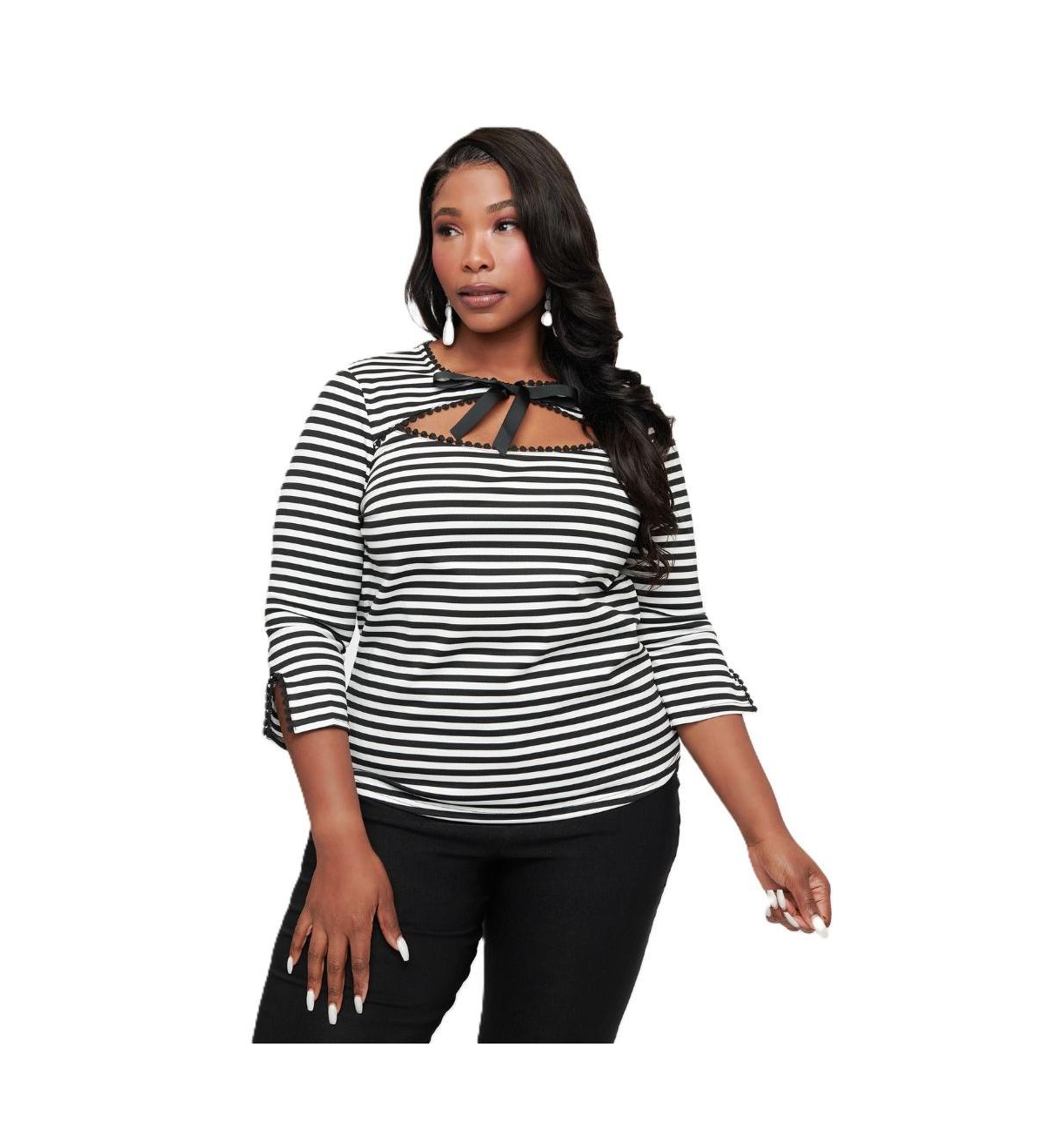 Unique Vintage Plus Size 3/4 Sleeve Cutout Neck Tie Top