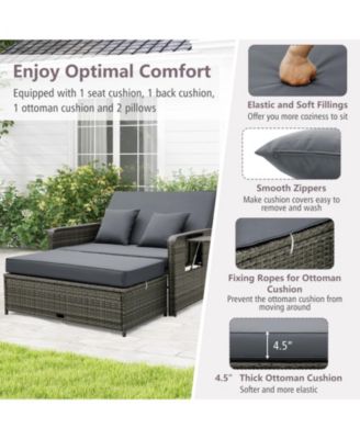 Patio Wicker Loveseat Sofa with Multipurpose Ottoman and Retractable Side Tray
