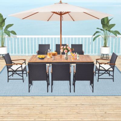 9 PCS Patio Rattan Dining Set with Acacia Wood Table, Cushions, 1.9" Umbrella Hole